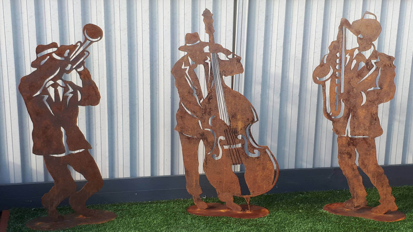 Garden Art Metal Sculpture Jazz Band Double Base, Saxophone and Trumpet players